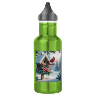 Bouteille D'eau Cardinal d'hiver sur une maison d'oiseaux festive