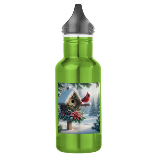 Bouteille D'eau Cardinal d'hiver sur une maison d'oiseaux festive (Gauche)