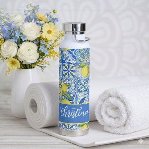 Bouteille D'eau Carreau bleu français country motif citron Provenç