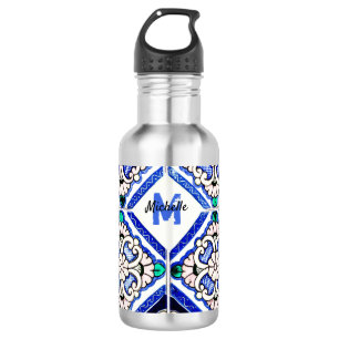 Bouteille D'eau Carreaux de motif espagnol Azulejo Monogramme blan