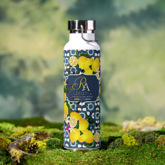 Bouteille D'eau Carreaux Méditerranéens au Citron Bleu Marine Blan
