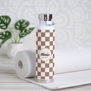 Bouteille D'eau Carrés à damier marron moka blanc rétro Monogramme