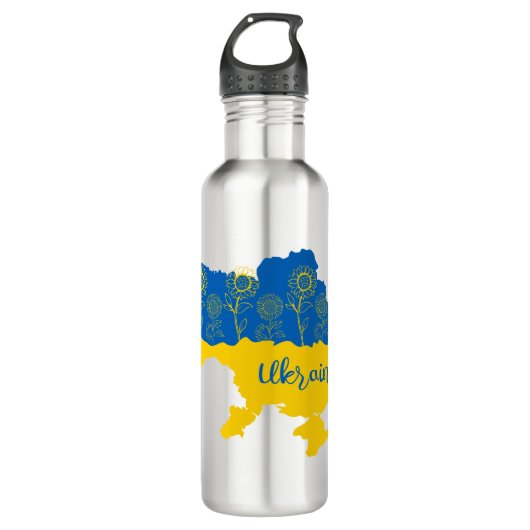 Bouteille D'eau Carte de l'Ukraine avec tournesol et drapeau ukrai (Devant)