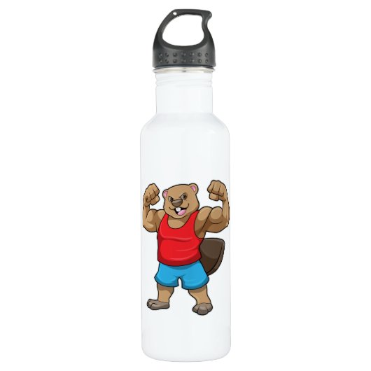 Bouteille D'eau Castor en Bodybuilder avec gros bras (Devant)