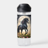 Bouteille D'eau Champ de fleur de lune de cheval noir, (Arrière)