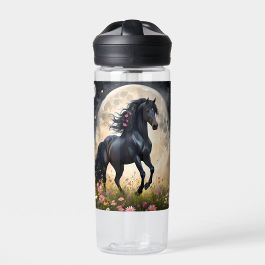 Bouteille D'eau Champ de fleur de lune de cheval noir, (Extérieur)
