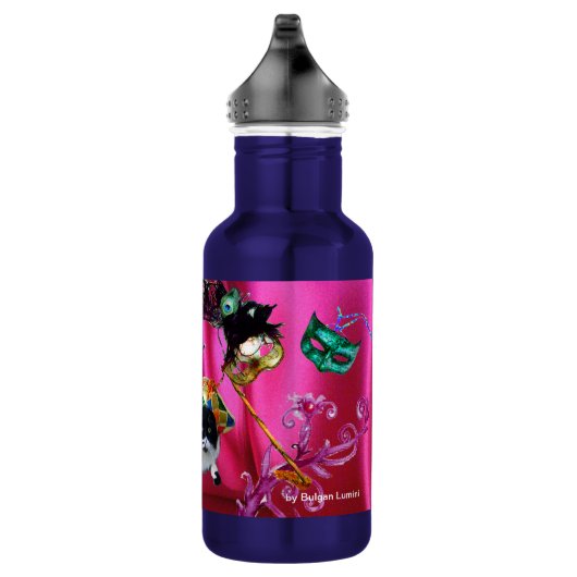 BOUTEILLE D'EAU CHAT AVEC CASQUETTE HARLEQUIN ET MASQUERADE DE FÊT (Droite)
