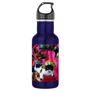 BOUTEILLE D'EAU CHAT AVEC CASQUETTE HARLEQUIN ET MASQUERADE DE FÊT