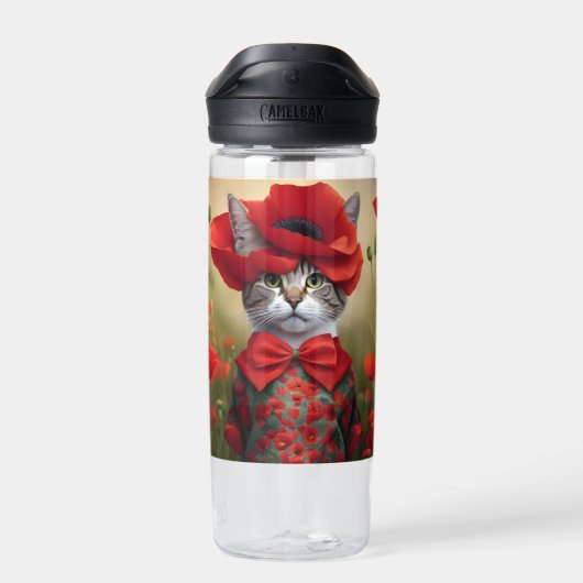 Bouteille D'eau Chat avec une robe faite de coquelicots (Arrière)