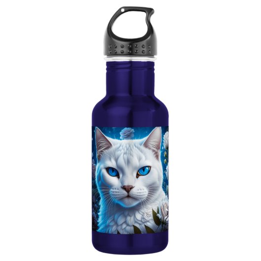 Bouteille D'eau Chat blanc aux yeux bleu clair Floral (Devant)