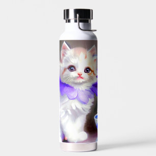 Bouteille D'eau Chat blanc avec collier de fleurs violettes