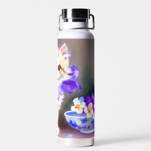 Bouteille D'eau Chat blanc avec collier de fleurs violettes (Arrière)