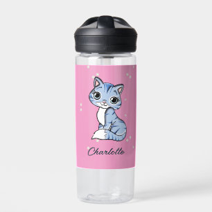 Bouteille D'eau Chat bleu mignon sur nom personnalisé rose