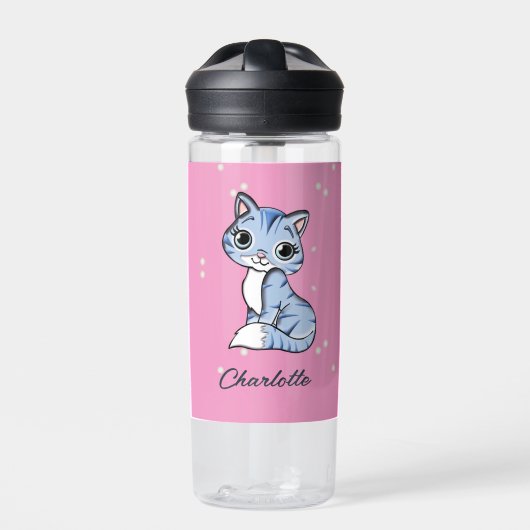 Bouteille D'eau Chat bleu mignon sur nom personnalisé rose (Extérieur)