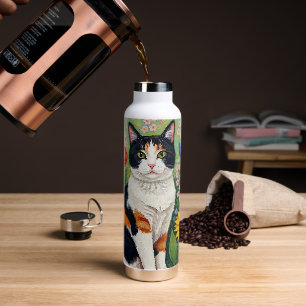 Bouteille D'eau Chat calicot et tournesols d'art populaire