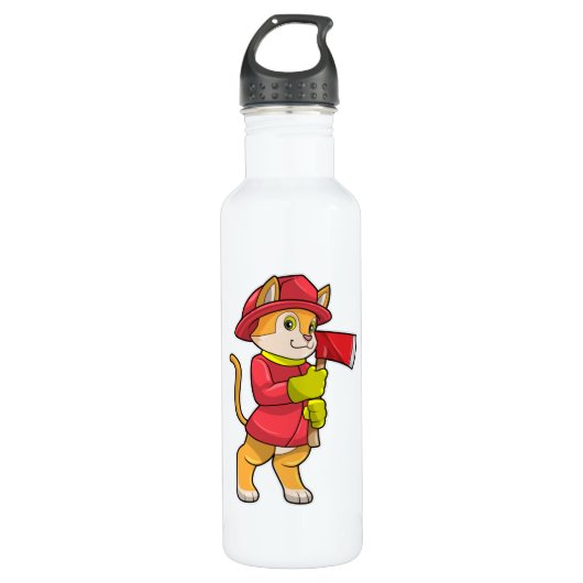 Bouteille D'eau Chat comme pompier avec Ax (Devant)