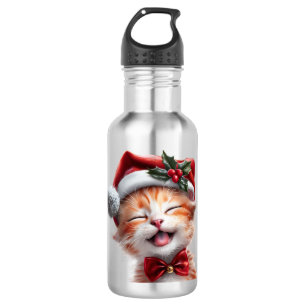 Bouteille D'eau Chat de Noël mignon avec chapeau de Père Noël et C