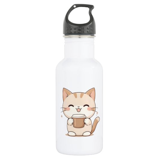 Bouteille D'eau Chat Mignon Buvant du Café Design Kawaii (Devant)
