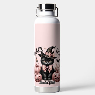BOUTEILLE D'EAU CHAT NOIR D'HALLOWEEN AVEC CITROUILLES ROSES