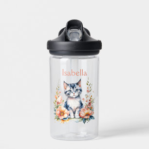 Bouteille D'eau Chaton gris personnalisé dans des fleurs roses