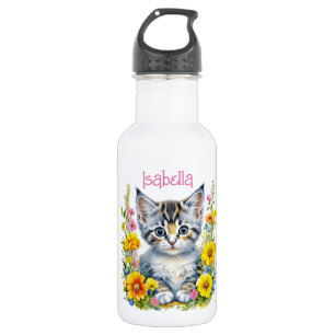 Bouteille D'eau Chaton gris personnalisé et fleurs à l'aquarelle