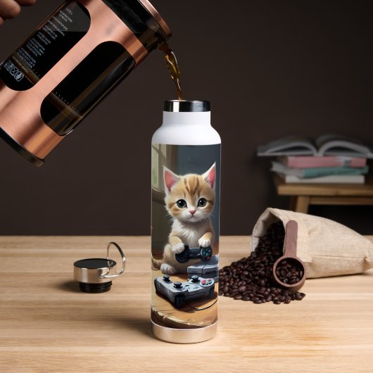 Bouteille D'eau Chaton jouant à la console de jeu, (Café (pivoté))