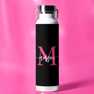 Bouteille D'eau Chaud rose noir moderne Script Girl Monogramme Nom