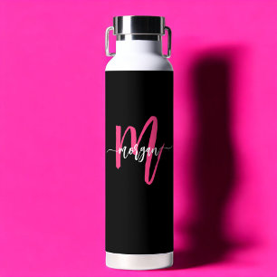 Bouteille D'eau Chaud rose noir moderne Script Girl Monogramme Nom