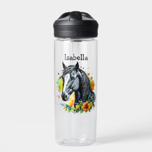 Bouteille D'eau Cheval noir entouré de fleurs Personnalisé