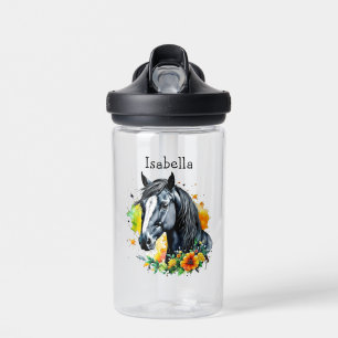 Bouteille D'eau Cheval noir entouré de fleurs Personnalisé