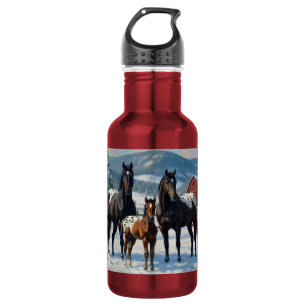 Bouteille D'eau Chevaux Appaloosa noirs dans une ferme en hiver