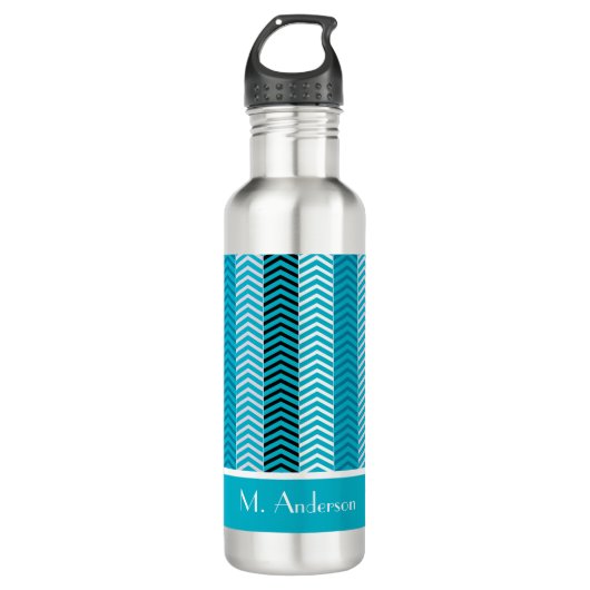 Bouteille D'eau Chevron Turquoise Moderne Grilles Avec Nom (Devant)