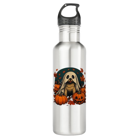 Bouteille D'eau Chic chien Carlin avec Citrouille Automne Hallowee (Devant)