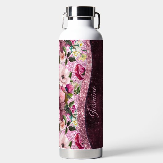 Bouteille D'eau Chic floral Bourgogne rose violet parties scintill (Avant)