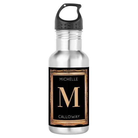 Bouteille D'eau Chic Monogramme Noir & Or (Devant)