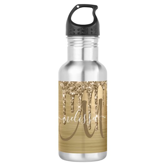 Bouteille D'eau Chic Parties scintillant à goutte d'or brosse Mono (Devant)
