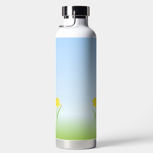 Bouteille D'eau Chick jaune mignon et fleurs sur bleu clair (Droite)