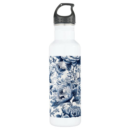 Bouteille D'eau Chinoiserie Bleu et Blancs Fleurs florales (Devant)
