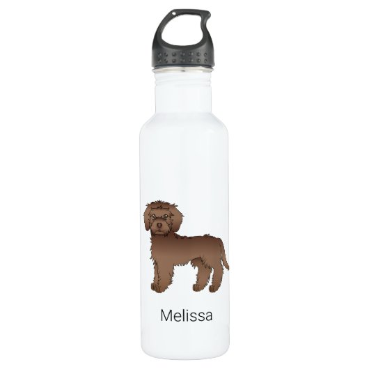 Bouteille D'eau Chocolat Mini Goldendoodle Cartoon Chien et nom (Devant)