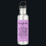 Bouteille D'eau Clair Violet Courage Bible Verse Nom personnalisé<br><div class="desc">Cette belle bouteille d'eau mauve douce présente le merveilleux verset biblique de Josué 1:9 et est facile à customiser avec le nom du destinataire.</div>