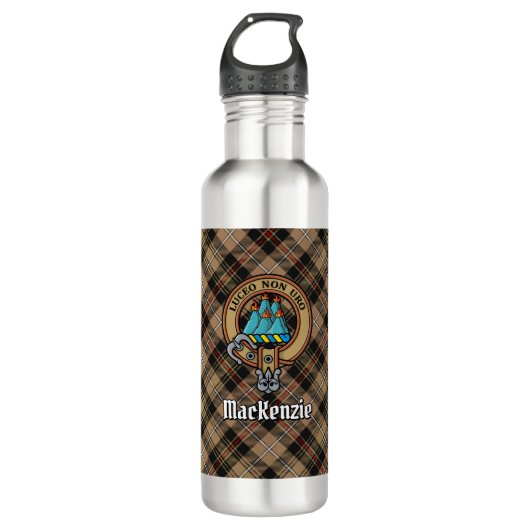 Bouteille D'eau Clan MacKenzie Crest sur Tartan de chasse Brown (Devant)