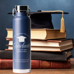 Bouteille D'eau Classe de graduation bleue personnalisée de 2025 K<br><div class="desc">Cette mignonne bouteille d'eau de fin d'études en bleu et blanc coutume présente une typographie blanche classe sous un nom de lycée ou de collège pour la classe de 2025. Customisez avec votre année de remise de diplômes sous l'élégante calligraphie pour une grande fête de diplômés personnalisée en faveur cadeau...</div>