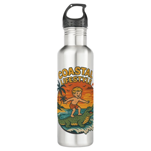 Bouteille D'eau Coastal Lifestyle Gator Surfing - Retro Surf Beach (Devant)