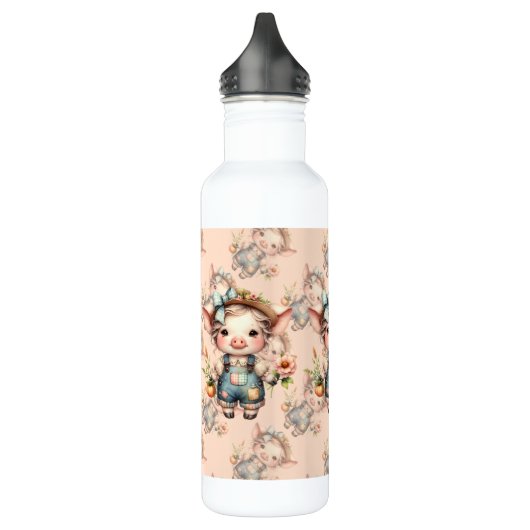 Bouteille D'eau Cochon fermier mignon dans les salons avec fleurs (Gauche)
