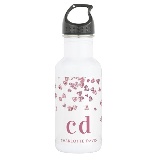 Bouteille D'eau Coeurs de parties scintillant rose blanc initiales (Devant)