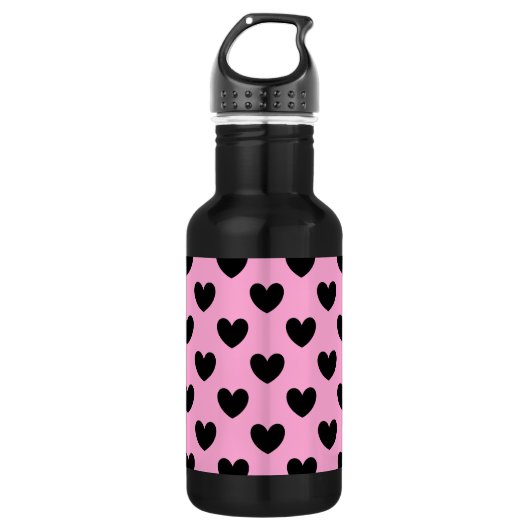 Bouteille D'eau Coeurs de polka noir sur coton bonbon rose (Devant)