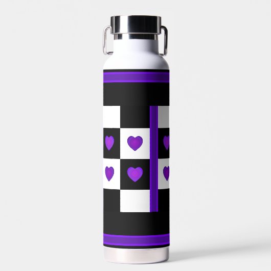 Bouteille D'eau Cœurs violets battants en N&B (Avant)