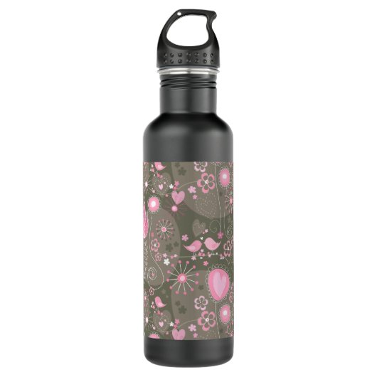 Bouteille D'eau Coeurs Whimsical rose et gris, oiseaux et fleurs (Devant)