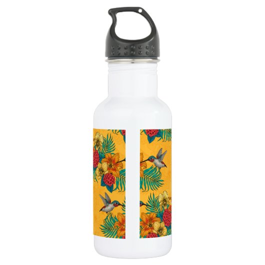 Bouteille D'eau Colibris et bouquet tropical en jaune (Dos)