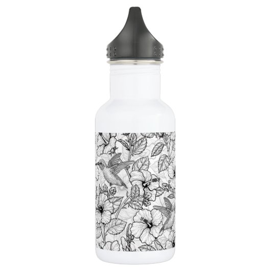 Bouteille D'eau Colibris et fleurs d'hibiscus b&w (Gauche)